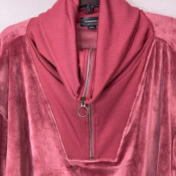 Summersalt Velvet Top Womens Large  Dark Dusty Pink Funnel Zip Neck Long Sleeve - Picture 6 of 11